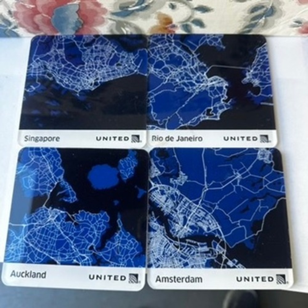 United Airlines Map Coaster Set Singapore Rio Auckland Amsterdam Blue 4pc